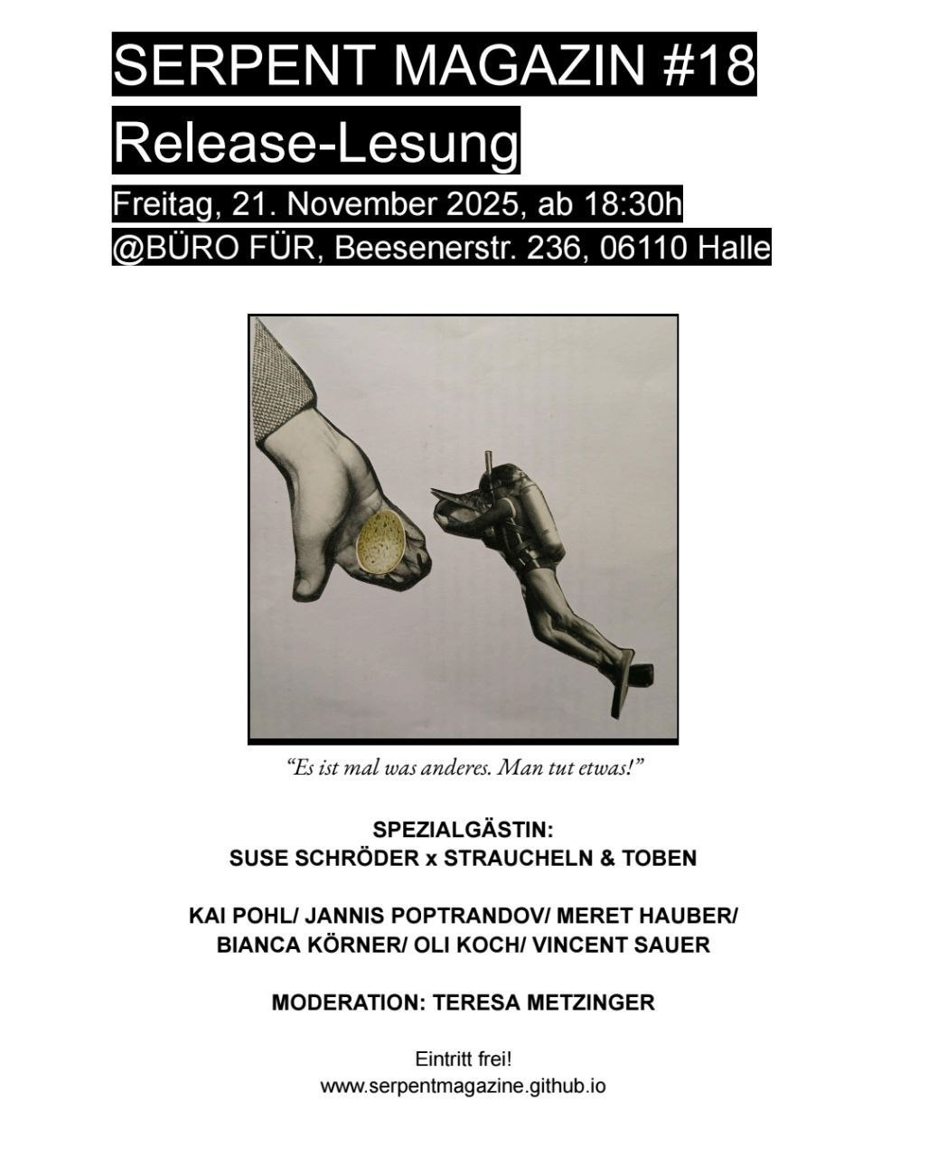 Flyer für Release-Lesung am 21.11.25 im Büro Für, Halle